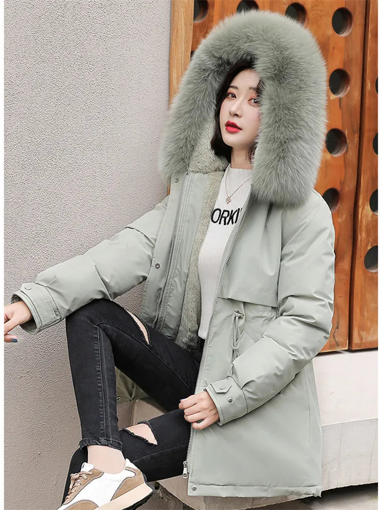 maoxiangshop Winter Coat Low Price On Sale Women Beige Add Wool Thick Warmth Fur Hooded Parkas Jacket New Fashion Belt Slim Cotton Coat