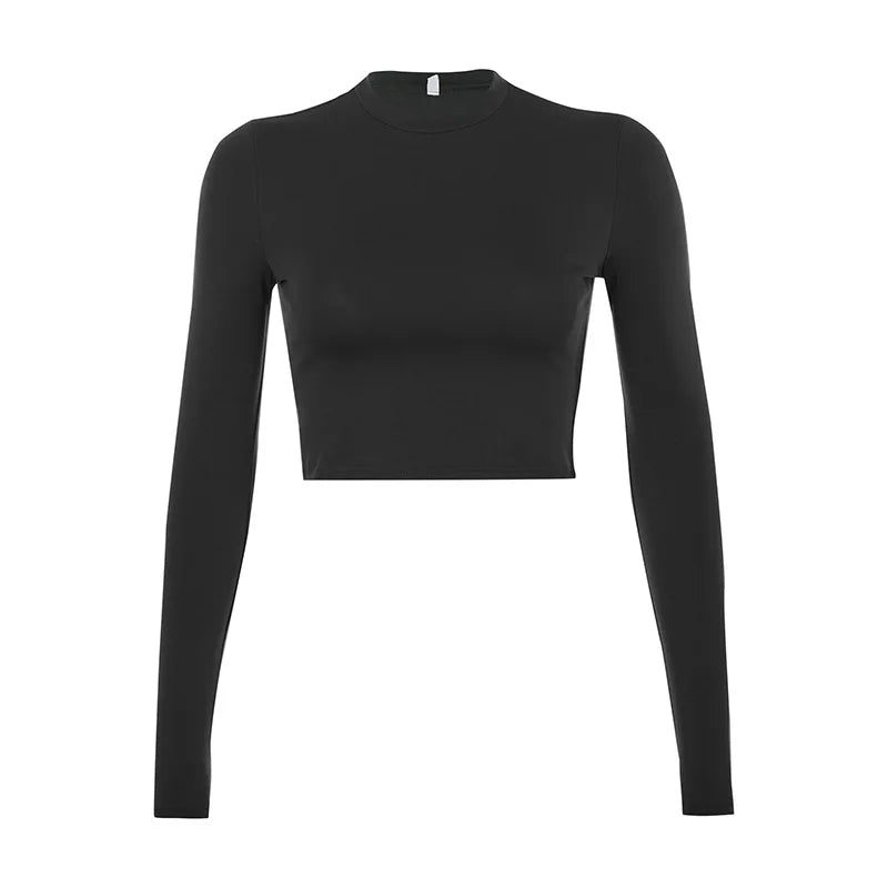 maoxiangshopSolid Basic Long Sleeve Womens Tshirt Casual Black White Fashion Crop Top T Shirt Ladies Fashion Korean Tee Shirt