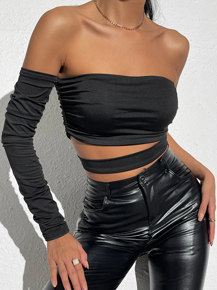 maoxiangshop Off Shoulder Sexy Short T-Shirt Long Sleeve Ruched Crop Tops Women Nightclub Streetwear Party Shirt All Black