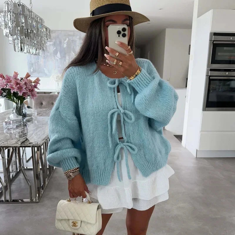 maoxiangshop - Fashion Lace Up Bow Knitted Cardigan Woman O Neck Long Sleeve Hollow Out Sweater Coat Autumn Female Casual High Street Knitwear