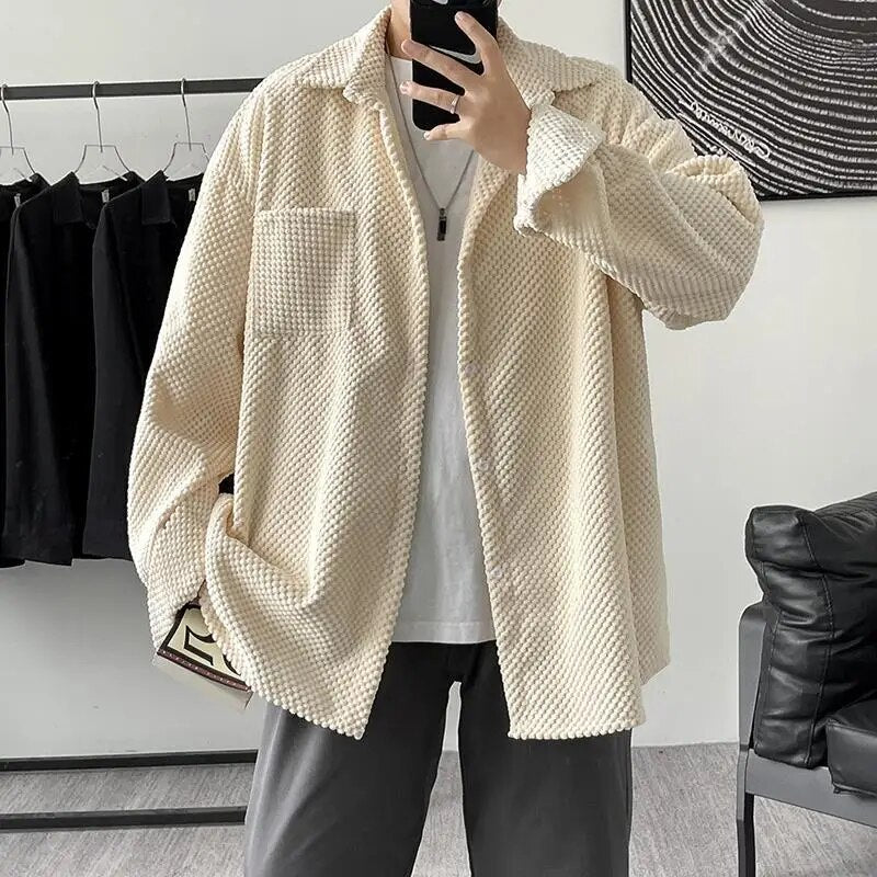 maoxiangshop New Korean Style Shirt Plus Size 5Xl-M Corduroy Shirts Men Harajuku Pineapple Cubes Mens Shirt Long Sleeve Streetwear Fashions