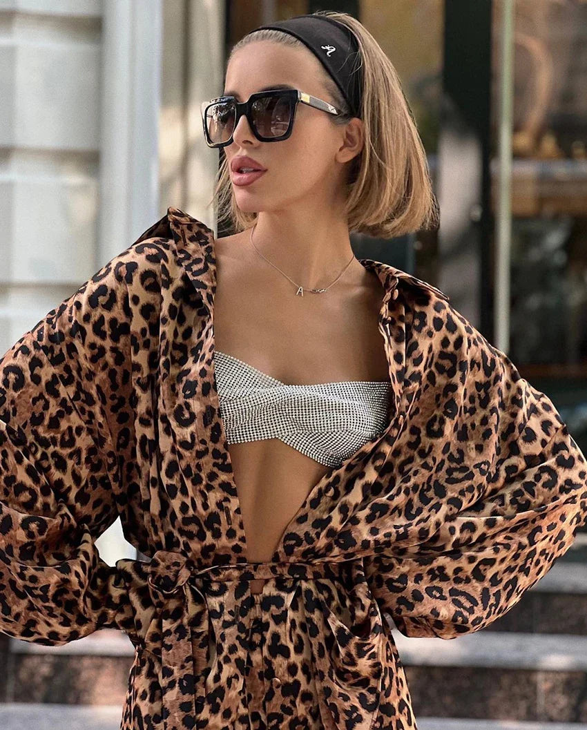 maoxiangshop - Leopard Street Pants Suits Women Oversize Printing Shirts And Wide Legs Pants Ladies Casual Sets Autumn 2024 Chic