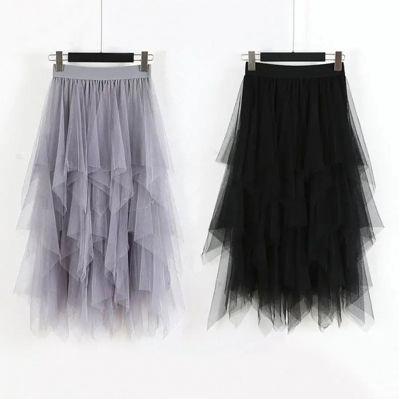 maoxiangshop Women High Waist Ruffles Mesh Long Tulle Skirt Irregular Hem Mesh Tutu Skirt Lady Elegant Solid Party Gown Skirt