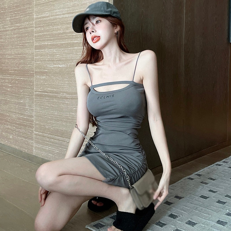 maoxiangshop Hollow Out Women's Dress Slim Sexy Letter Print Bodycon Dresses Sleeveless