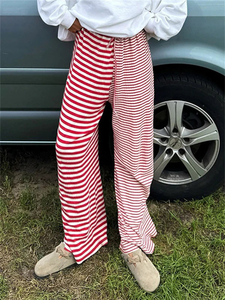 maoxiangshop - Y2K American Striped Loose Casual Pants Women Low Rise Lacing Straight Leg Pants Female Autumn Winter Street New Trousers
