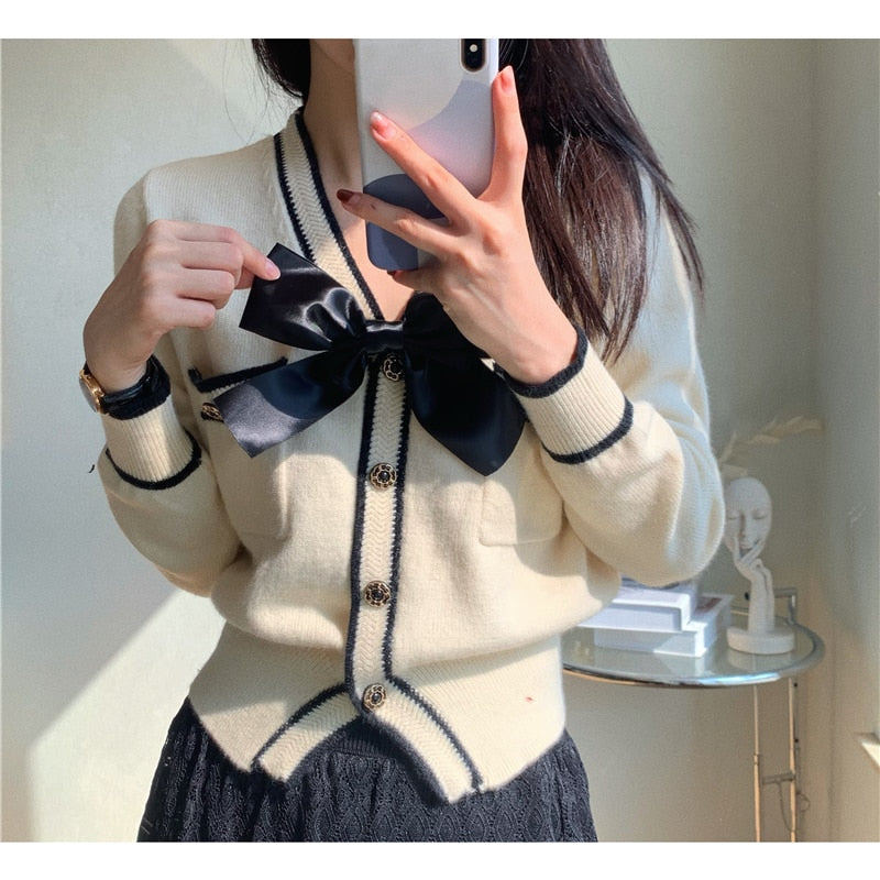 Knitted Cardigan Female Red Short Fashion Sweater women's Loose Bow Solid Long-Sleeved Kawaii Autumn High-Waist Knitted Top