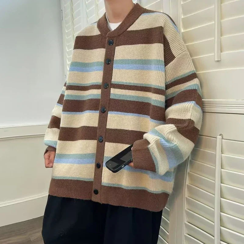 maoxiangshop Vintage Cardigan Men Autumn Striped Harajuku Baggy Streetwear Cozy Contrast Color Daily Japanese Style Versatile Couple Tender