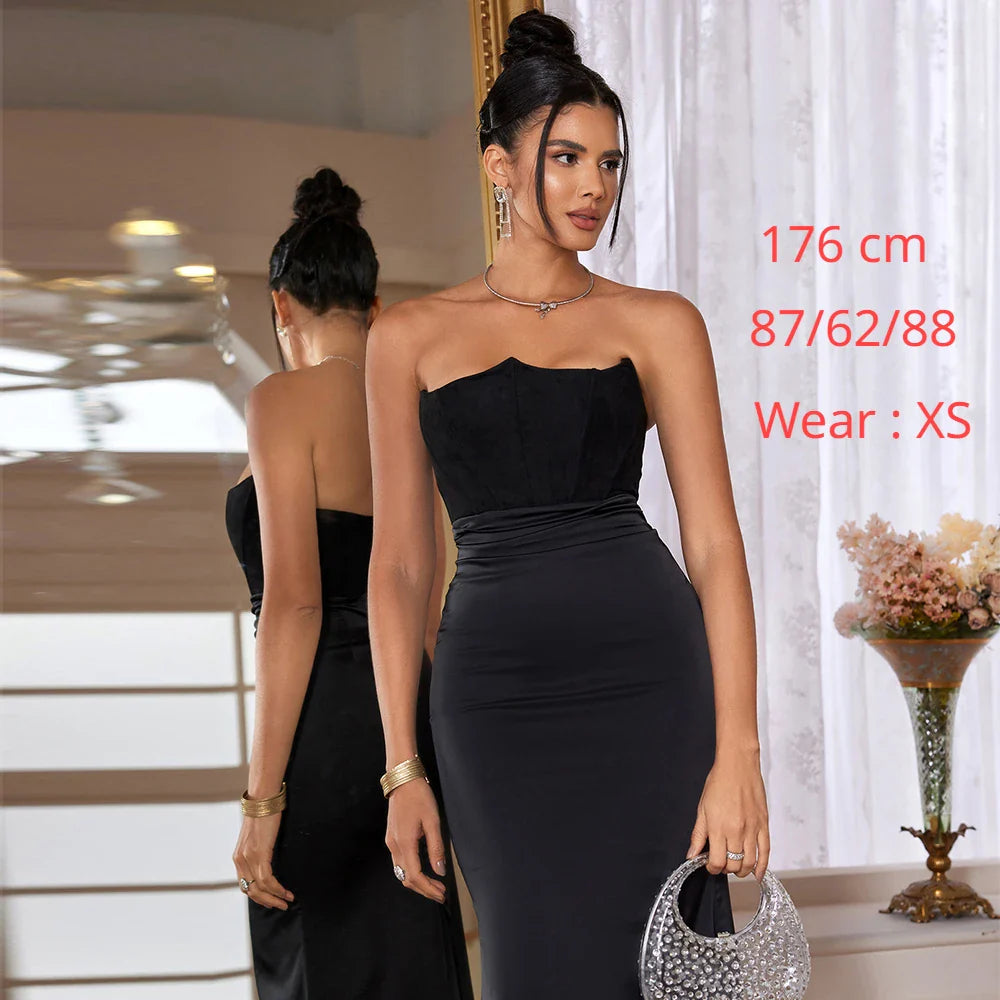 Maxi Strapless Formal Occasion Dresses Elegant Bodycon Corset Party Dresses Sexy Velvet and Satin Patchwork Dress