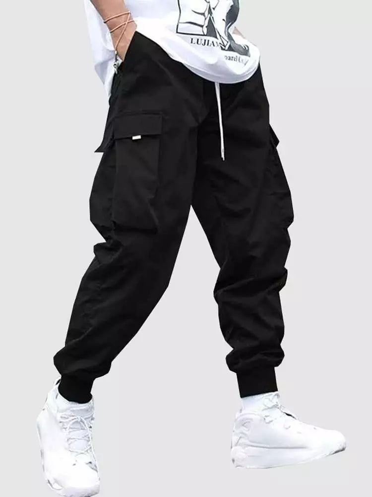 maoxiangshop Men's Cargo Pant Solid Mid-waist Elastic Tooling Trousers Techwear Sweatpants with Flap Pocket Drawstring Beam Feet Pants