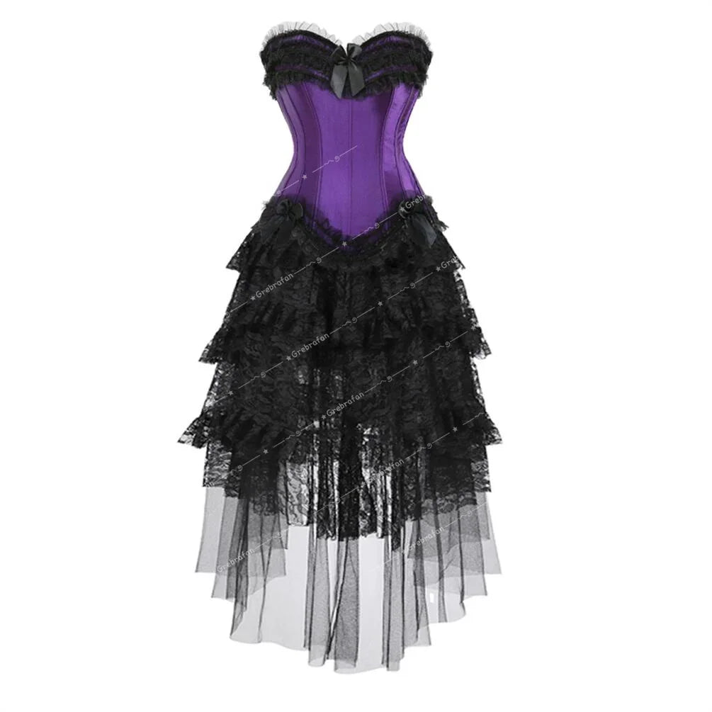maoxiangshop - Corset Dress Steampunk Lace Trim Bustier with Long Tulle Skirt Carnival Party Night Costumes Plus Size Halloween Outfits Women