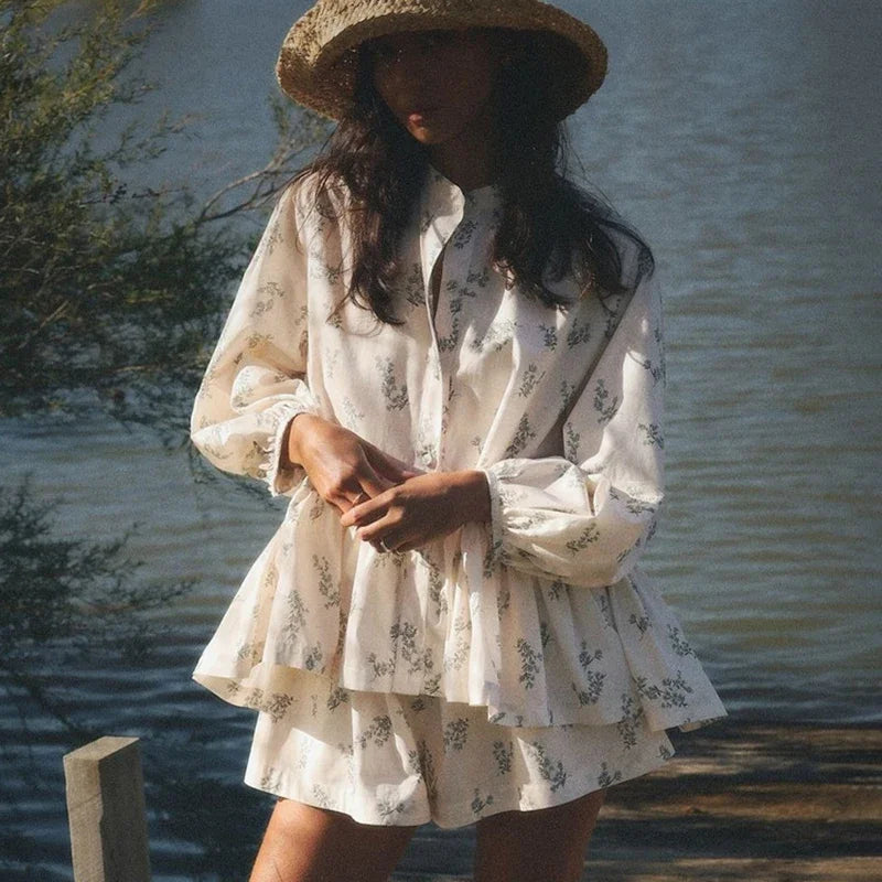 maoxiangshop - Print Shorts Suit Women's Chic Puff Sleeve Ruffled Splice T-Shirt Loose Shorts Matching Set Female Fashion Autumn Outfits