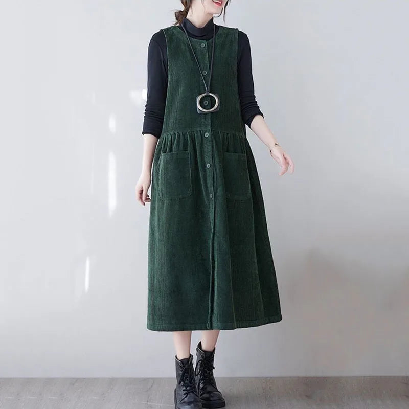 maoxiangshop New Spring Autumn Womens Corduroy Dress Vestidos Retro Fashion Femal Long Casual Dresses Single-Breasted Sleeveless Vest Dresses