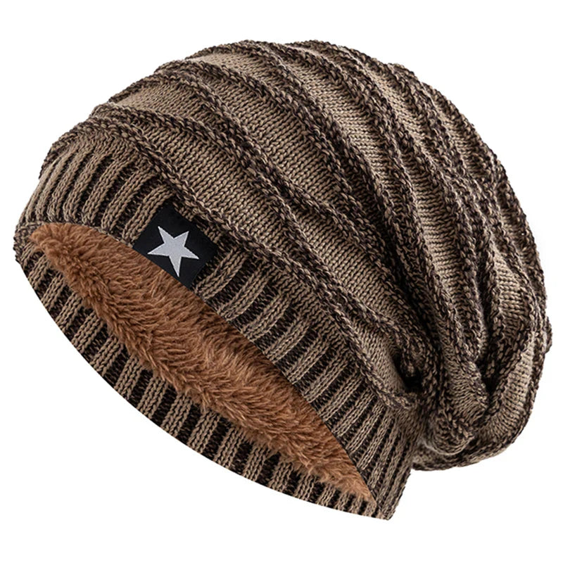 maoxiangshop New Unisex Slouchy Winter Hats Add Fur Lined Men And Women Warm Beanie Cap Casual Five-pointed Star Decor Winter Knitted Hats