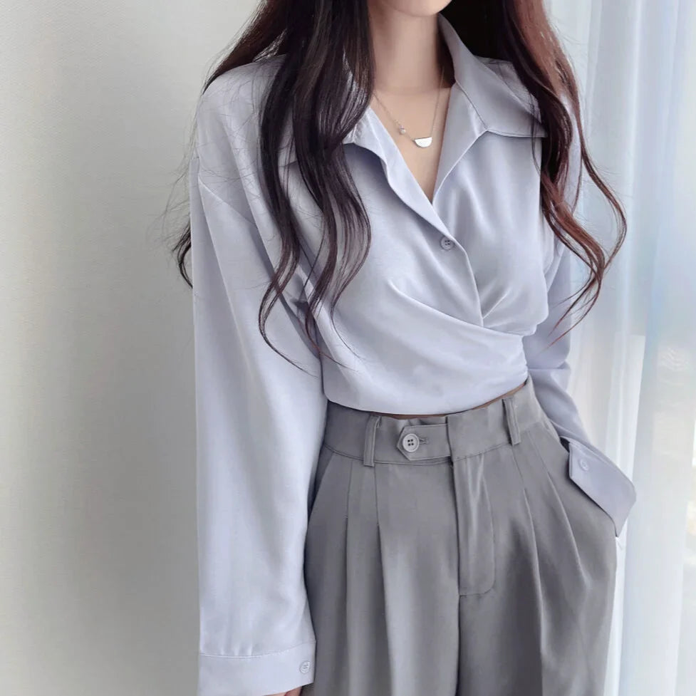 maoxiangshop White Shirts Women Spring Korean Style Temperament Pure Chic Design Tops Lace-up Lapel New Office Lady All-match Popular Daily