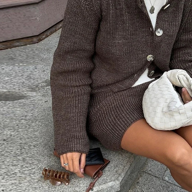 maoxiangshop - Knitted Skirts 2 Piece Set Women Fashion Lapel Flare Button Knitted Cardigan Top Mini Skirt 2024 Autumn Lady All-matching Outfit