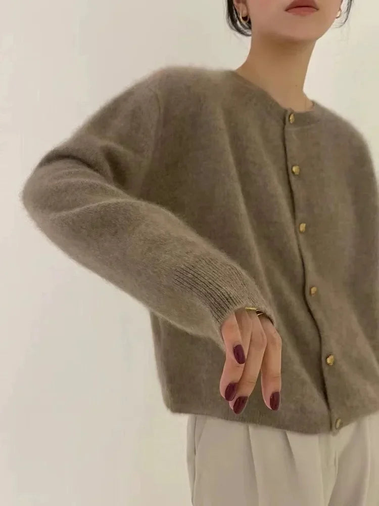 Autumn and Winter New Cashmere Crewneck Sweater Women's Coat Loose Long Sleeve Knitted Cardigan Top Women