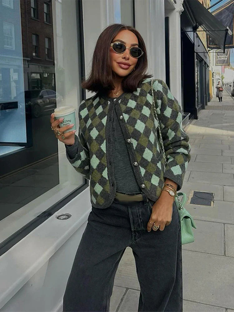 maoxiangshop - Elegant Plaid Knitted Cardigan Women Casual O-neck Long Sleeve Single Breasted Female Sweater 2024 Autumn Pocket Lady Knitwear