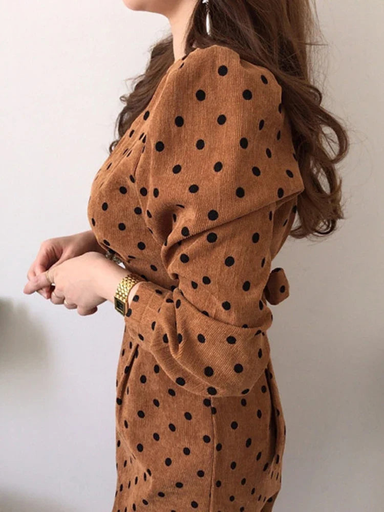 maoxiangshop Corduroy Women Autumn Mid-calf Dress Print Dot Tunic Bow Slim Pencil Dress Casual V Neck High Waist Elegant Party Vestidos