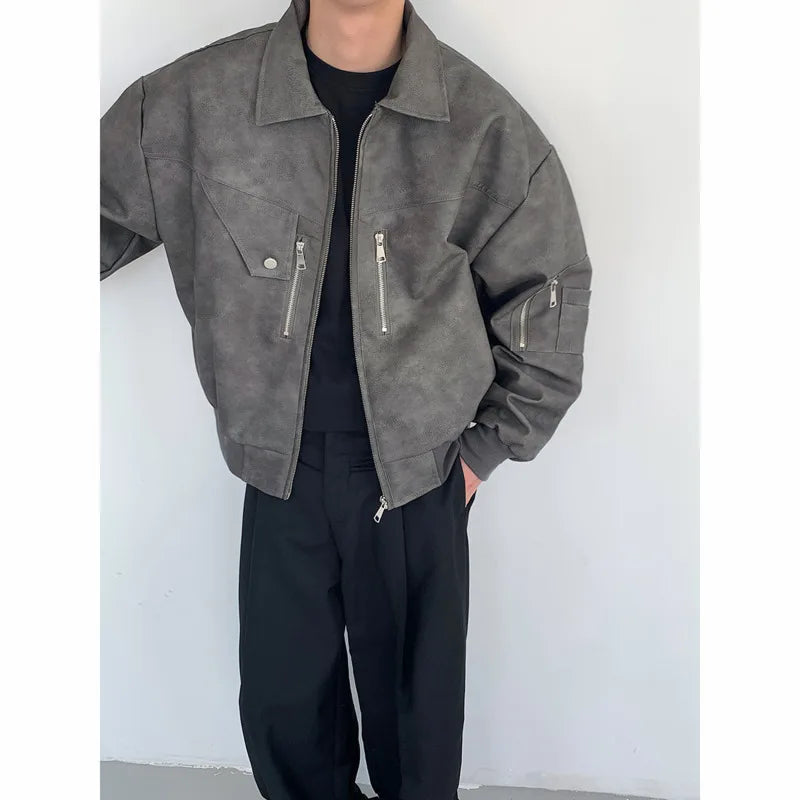 maoxiangshop Short Leather Jacket Men Oversized Fashion Casual Motorcycle Jackets Men Streetwear Hip-hop Loose Bomber Jacket Mens Outwear