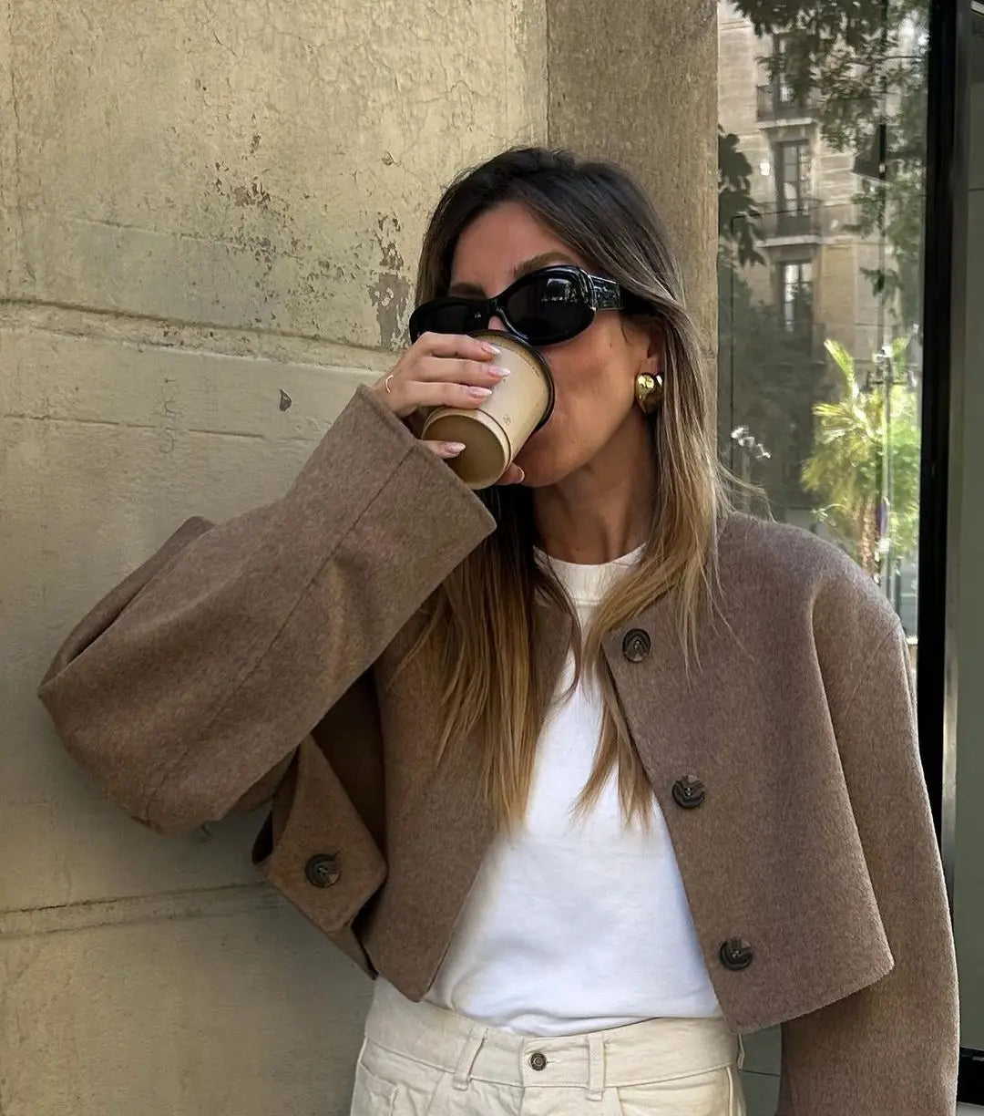 maoxiangshop - Women's Bomber Jacket Coat Demi-season Round Neck Button Cropped Jacket Fashion Casual Ladies Autumn New In Outerwears