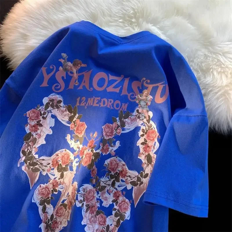 maoxiangshopAmerican Style Retro Loose Rose Butterfly Angel Printing Short Sleeve T-shirt for Men and Women Lovers Summer Loose Casual Top