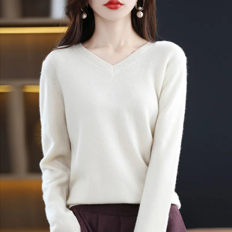 maoxiangshop Cashmere Sweater Women's Knitting Sweater 100% Pure Merino Wool Winter Fashion Basic V-neck Chic Top Autumn Warm Pullover