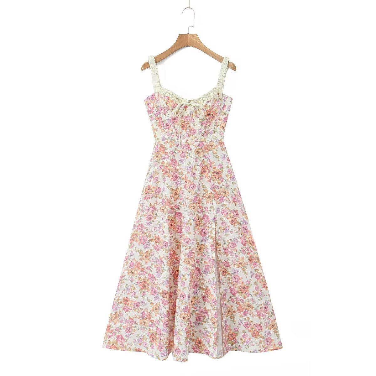 maoxiangshop Women French Style Floral Print A-line Midi Sling Dress Sexy Sleeveless Front Slit Female Holiday Party Summer Dress