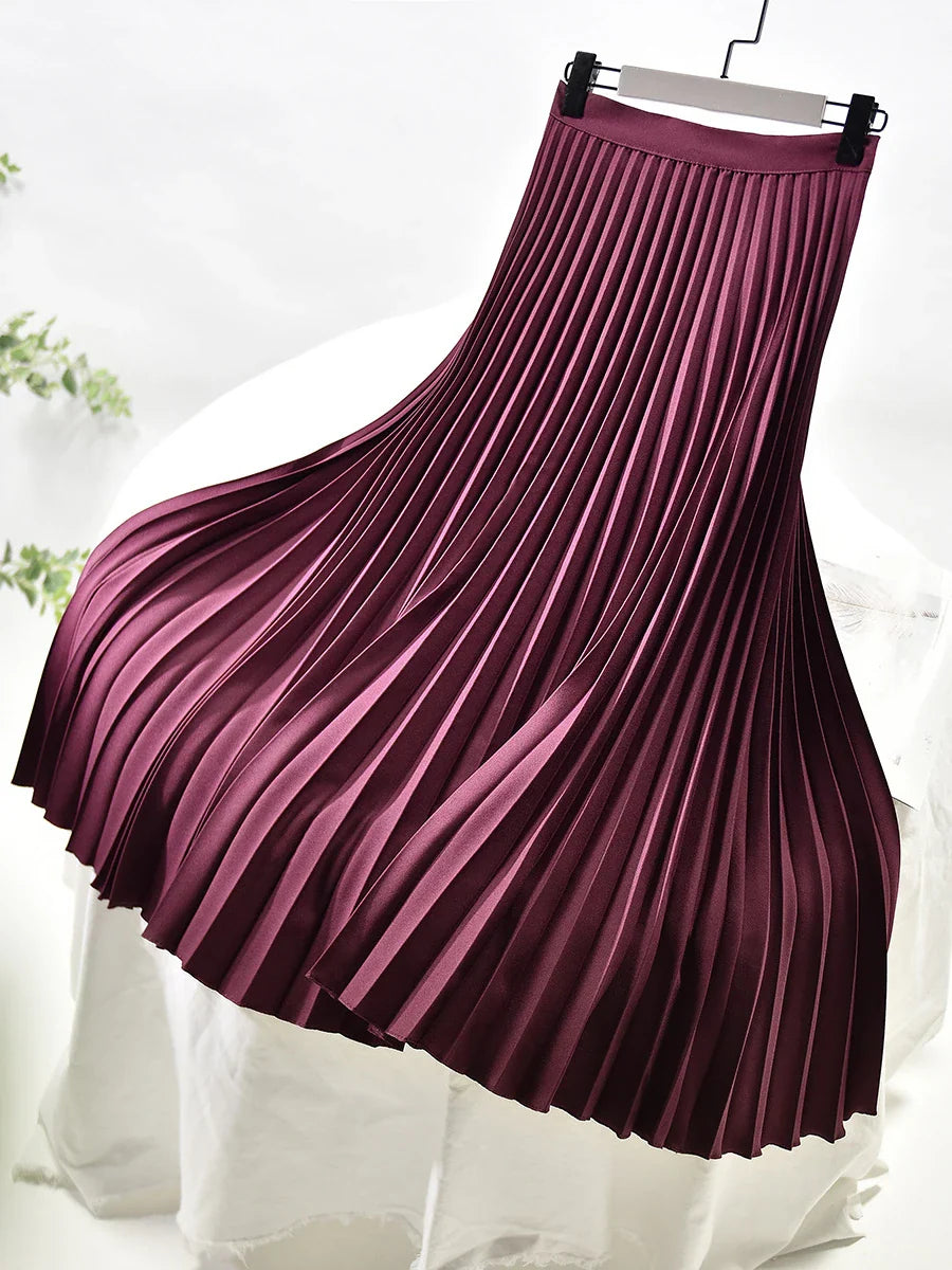 maoxiangshop Brand Designer Women Spring Autumn Elegant Chic Solid Pleated Skirt High Waist Luxury Fashion With Elastic Female