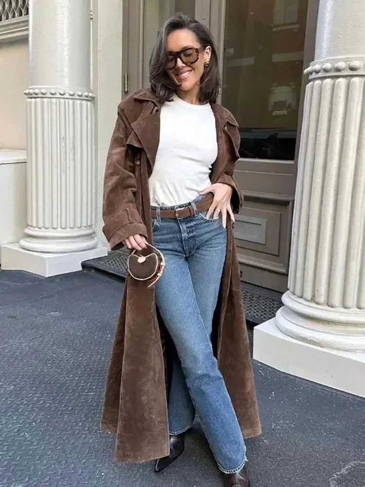 maoxiangshop - Female Retro Jacket Elegant Brown Belted Waist Long Coat Double Breasted High Street Autumn Fashion Full Sleeve Outwear