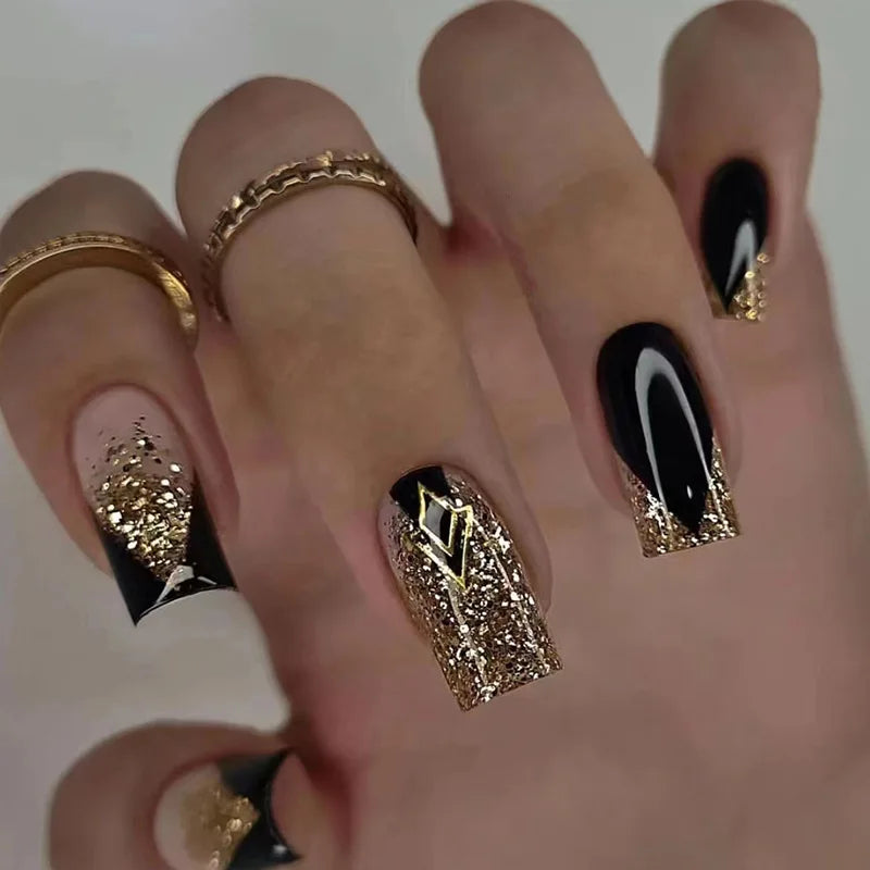 maoxiangshop 24Pcs Long Square Head False Nails with Gold Foil Design Wearable Black French Fake Nail Glitter Coffin Full Cover Press on Nail