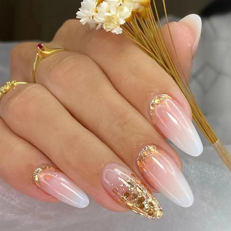 maoxiangshop 24Pcs Blue Flower False Nails Almond Cute Heart with French Design Detachable Fake Nails Artificial Press on Nails Tips Art