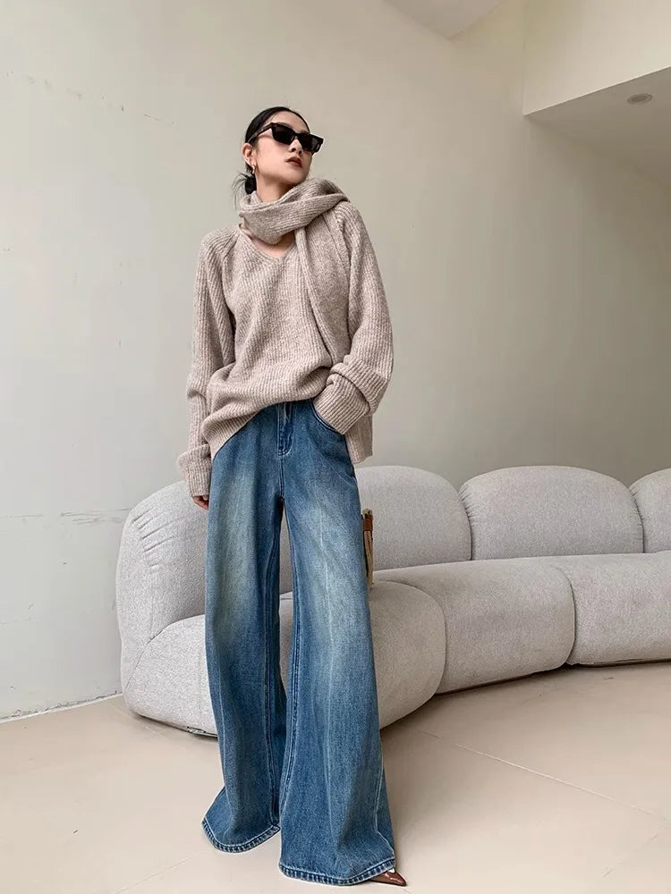 maoxiangshop - Blue Washed Casual Jeans Women'S Autumn And Winter New Straight Leg Loose Wide Leg Pants Long Pants