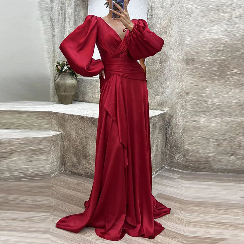maoxiangshop Cocktail Full Length Women Hem Maxi Dress Luxury Female V-neck Waist Party Dress Elegant Lantern Sleeve Ruffle Satin Dresses