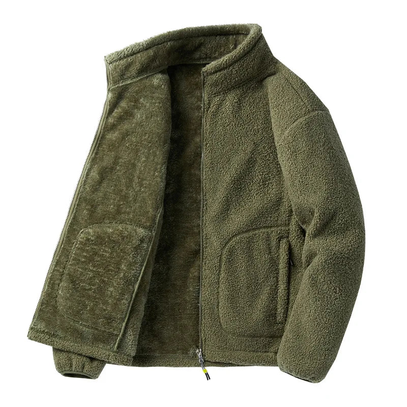 maoxiangshop Winter Fleece Jackets Men Solid Color Loose Casual Warm Coat Mens Stand Collar Outerwear Jacket Harajuku Streetwear Plus Size