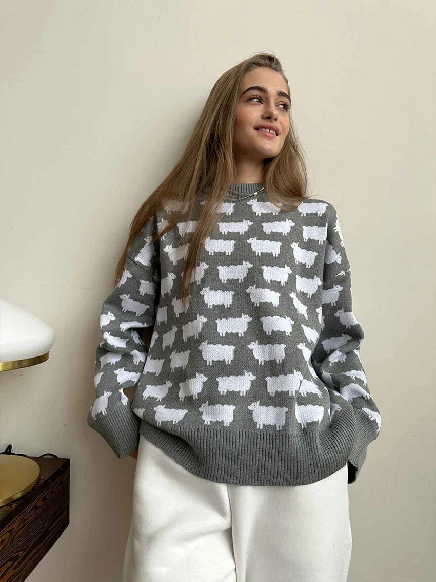 maoxiangshop - Elegant Women Sheep Printing Sweater Warm Knitted Classic O-Neck Pullover Tops Autumn Winter 2024 Streetwear Sweater