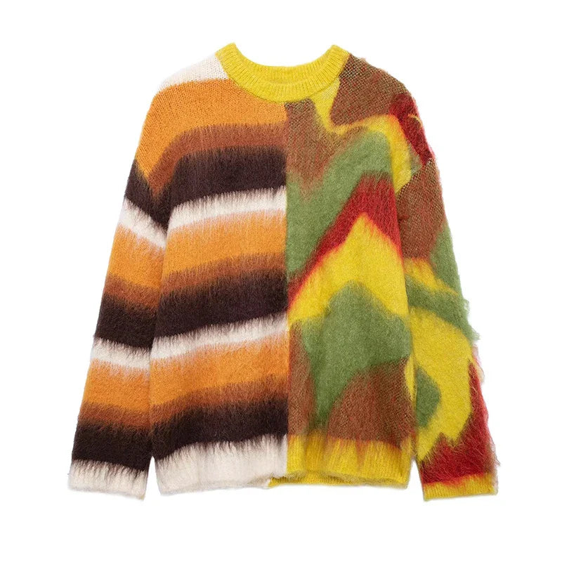 maoxiangshop - Mohair Rainbow Color Knitted Sweater Women Striped Chic Loose O-neck Warm Pullover 2024 Autumn Long Sleeve Street Jumper Tops
