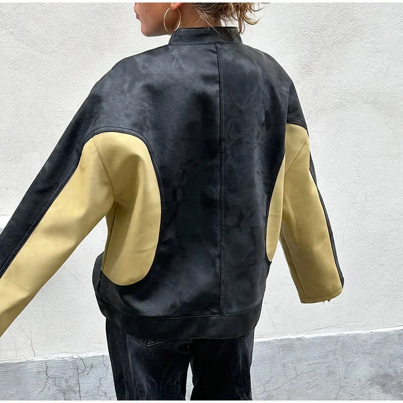 maoxiangshop - Leather Bomber Jackets Women O-neck Long Sleeve Zipper Contrast Locomotive Coat 2024 Autumn Lady New Vintage Outwear