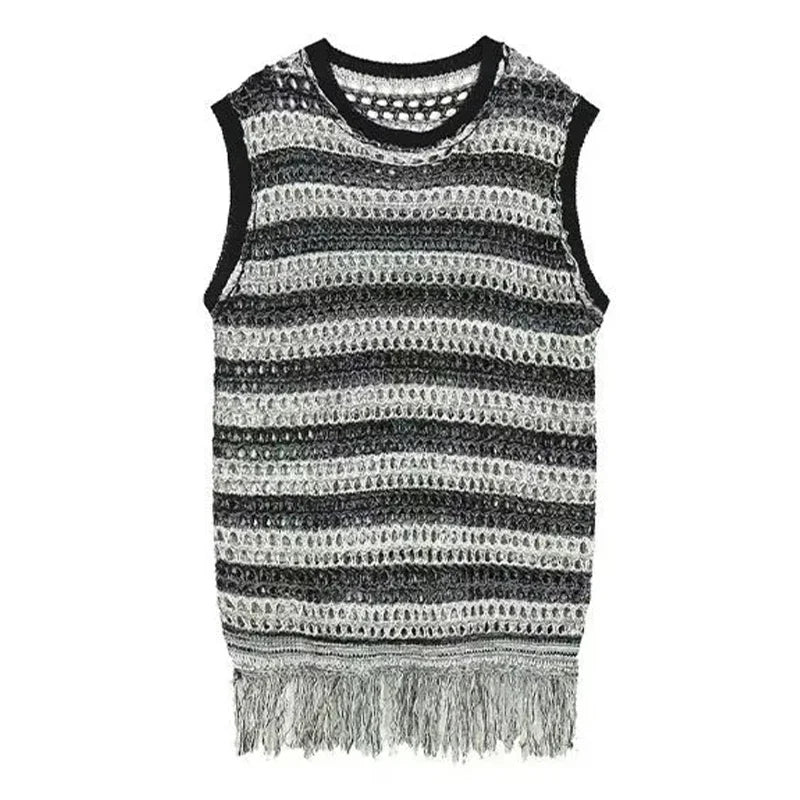 maoxiangshop Striped Mesh Vest for Men Vintage Knit Tank Tops Sleeveless Tee Male Casual Summer Beach Japanese Streetwear Hip Hop