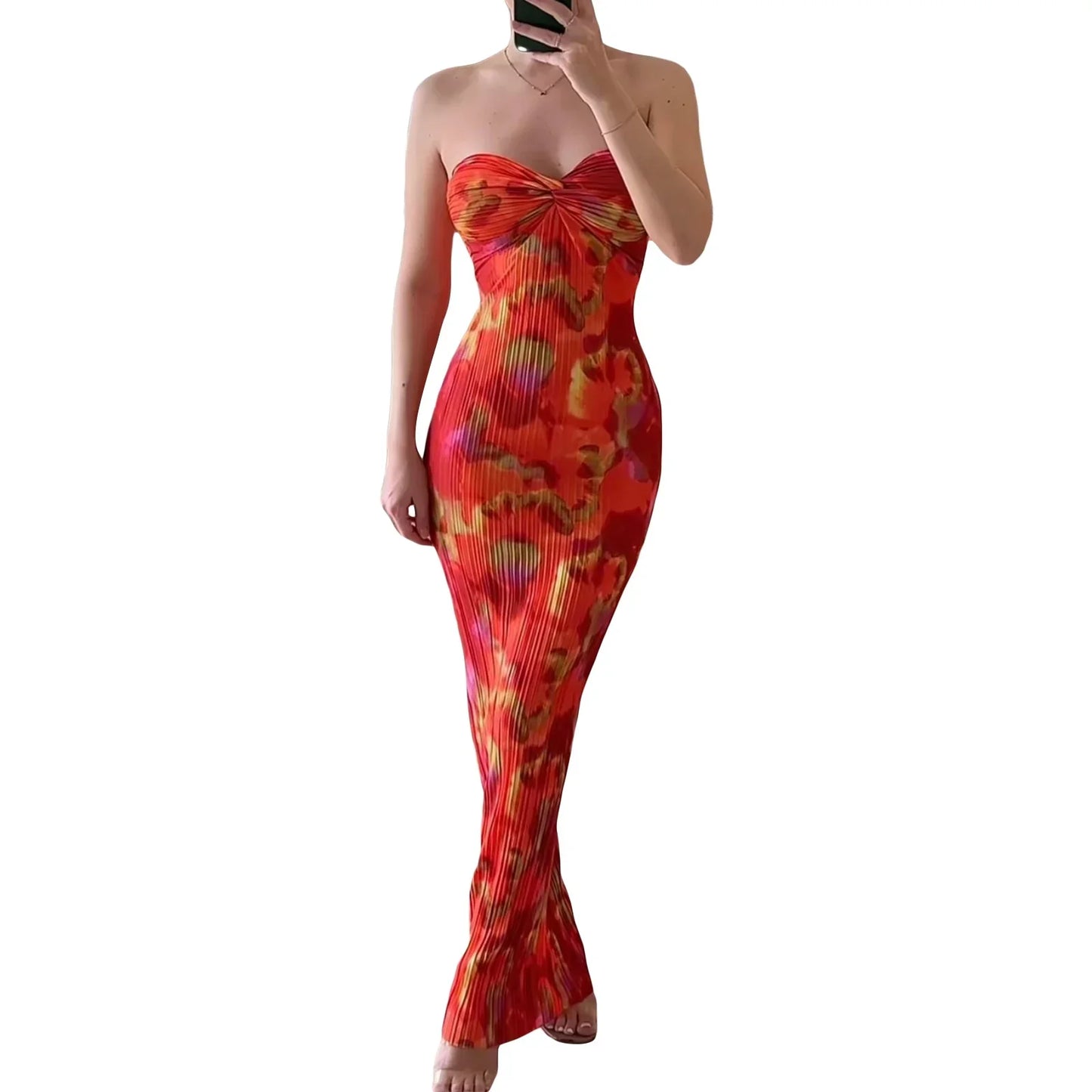 maoxiangshop-chic and elegant Women Tube Dress Strapless Backless Hollowed Striped Patchwork Long Dress Clubwear robe femme