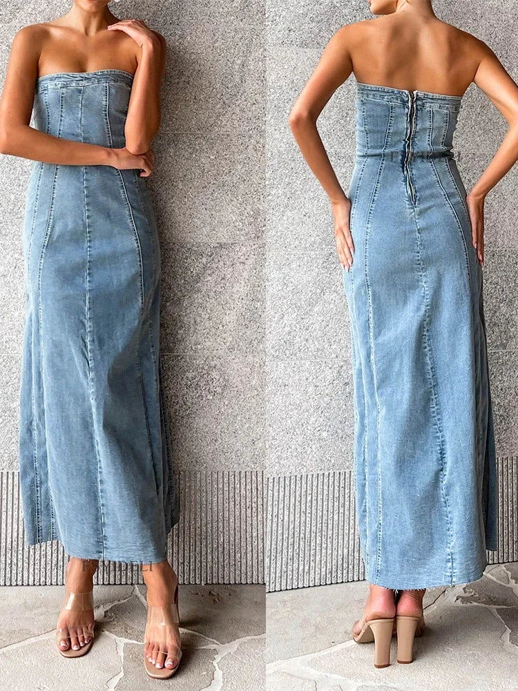 maoxiangshop - Side Slit Denim Bodycon Dress For Women Slim Sleeveless Maxi Dresses Women's Street Sexy Streetwear Woman Autumn New
