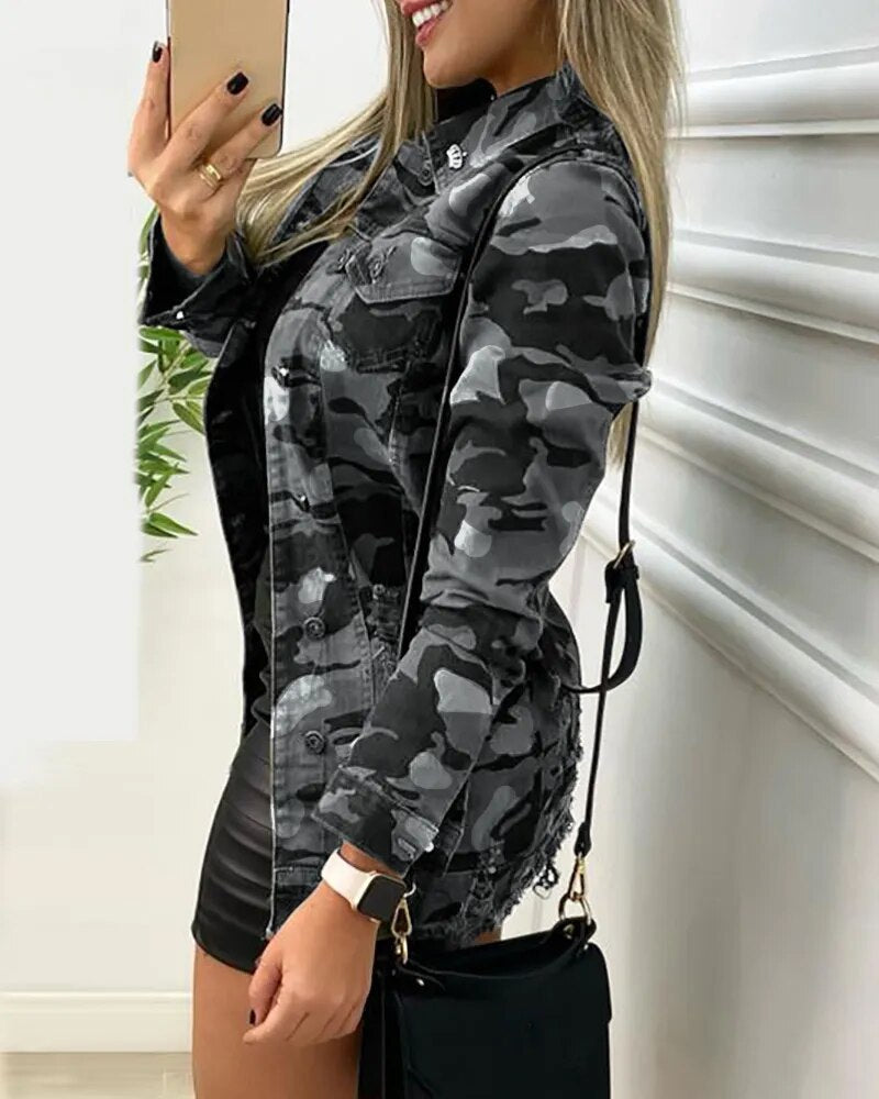 Camouflage Coat for Women Army Green Casual Women Long Sleeve Jackets Y2k Spring Autumn Slim Cardigan Streetwear Ins Jacket Top