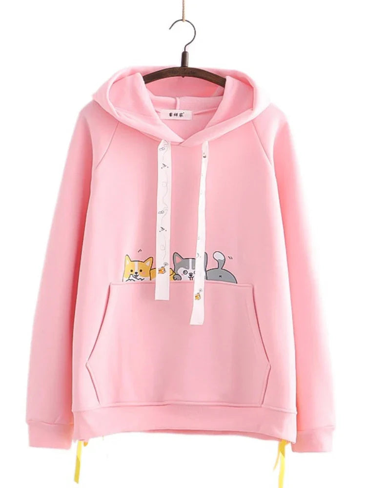 Shiba Inu Print Kawaii Women Hoodies Chic Drawstring Harajuku Cute Hooded Sweatshirts Winter Long Sleeve Female Sweet Tops