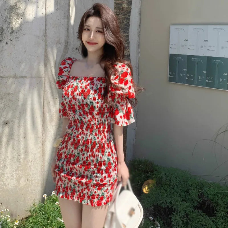 maoxiangshop Spring Summer Square Collar Floral Dress Women Temperament Slim Waist Bag Hip Skirt French Retro Dresses