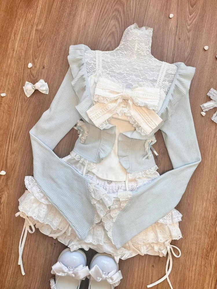 maoxiangshop - Sweet 3 Piece Sets Women Harajuku Ruffled Cardigan + Lace Patchwork Bow Vest + Mini Cake Skirts Cute Y2k Aesthetic Outfits Suit