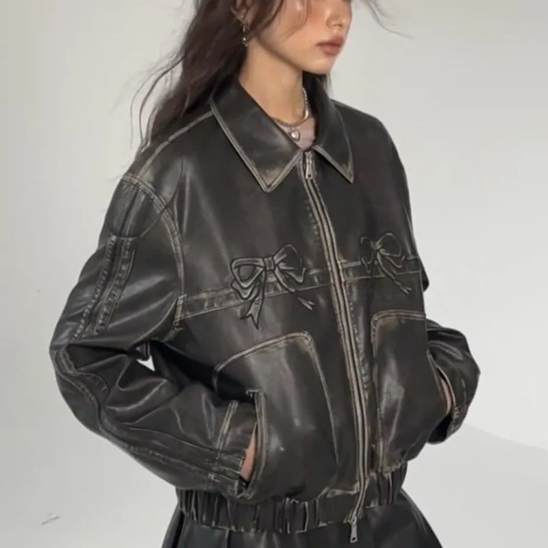maoxiangshopY2k Bow Pu Leather Jacket Women Autumn Fashion Zipper Polo Collar Tops Sweet Cool Personal Street Vintage Oversized Coats