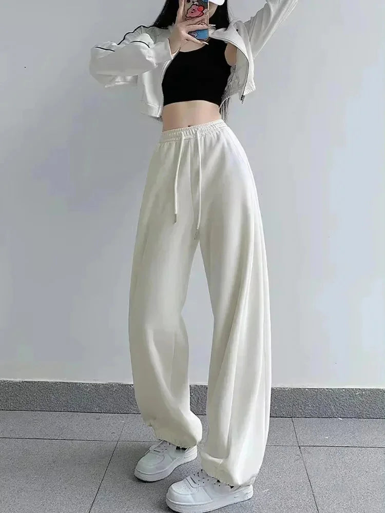 maoxiangshop - 2024 Autumn New Wide Leg Pants Women Baggy Sweatpants Loose High Waisted Bound Feet Pants Lady Lace Up Casual Straight Trousers