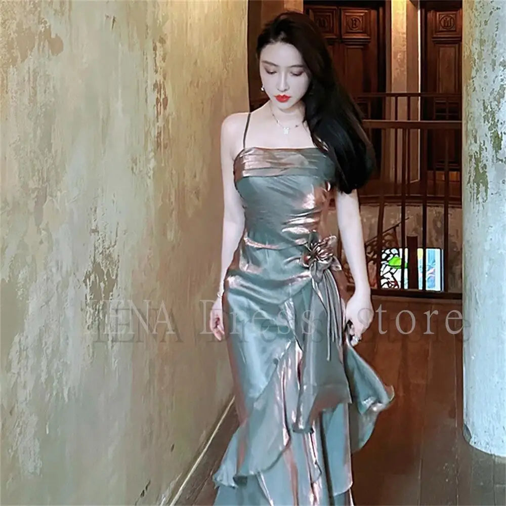 maoxiangshop Vintage Elegant Ice-colored British Retro Waist Strap Three-dimensional Flowers Irregular Ruffle Stitching Evening Dress