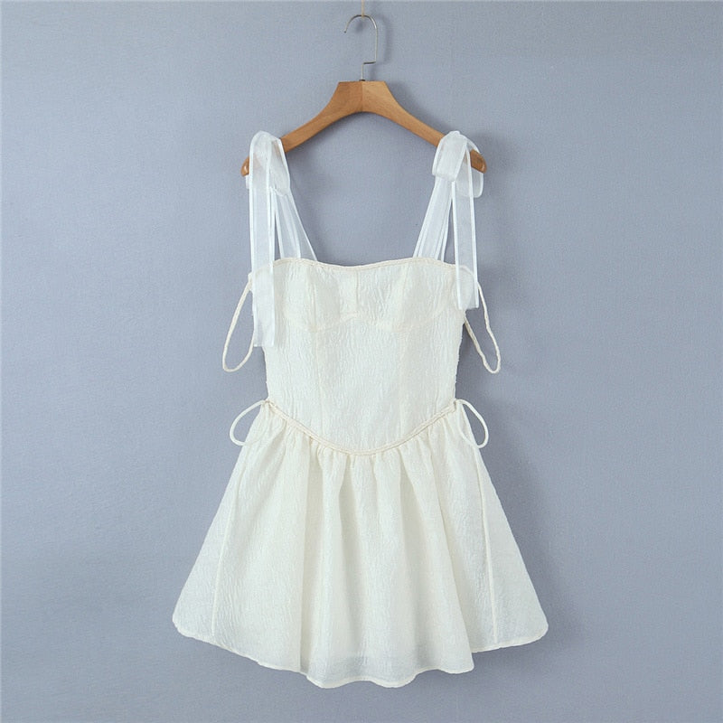 maoxiangshop White Strap Dress Spring Summer New Sexy Holiday Fashion Slim Waist Hollow Tie Short Mini Dress For Women