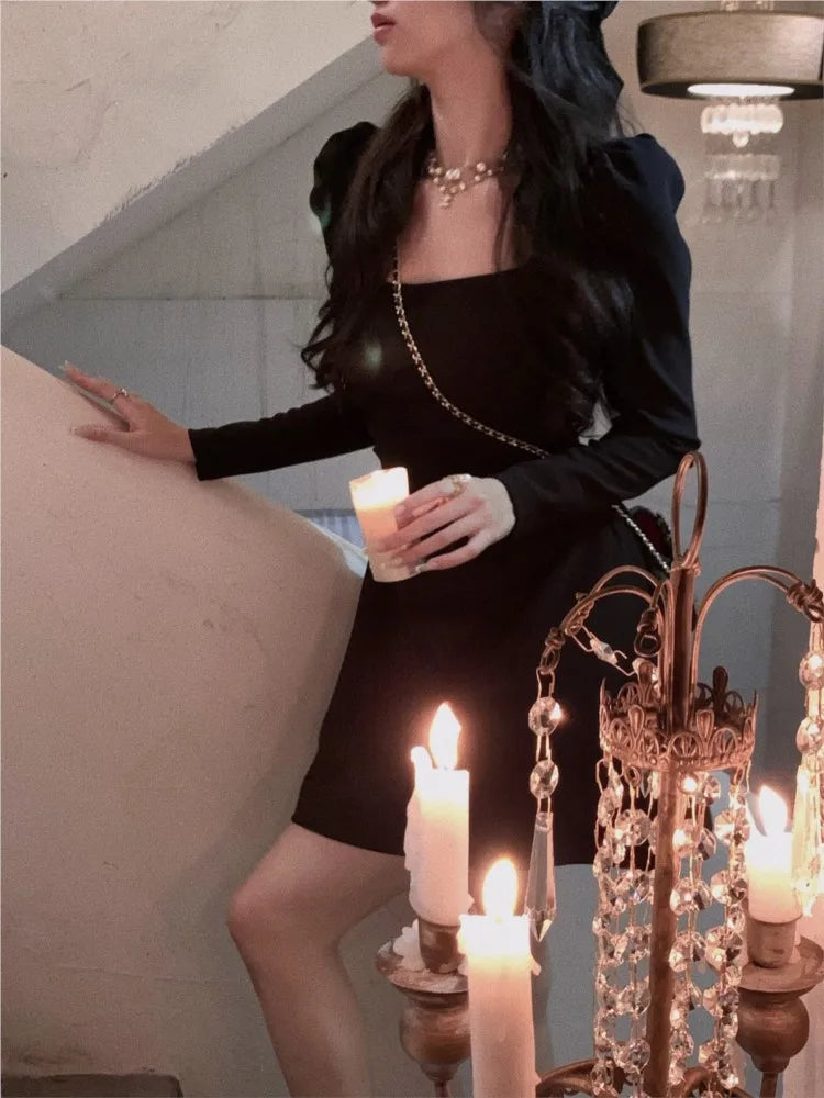maoxiangshop 1 Spring New Elegant Square Collar Midi Party Dress For Women Long Sleeve Black White Slim Vestidos Female Clothes