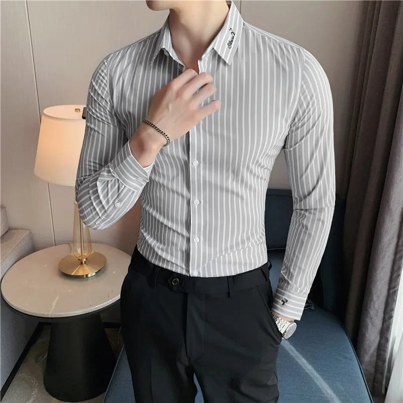 maoxiangshop British Style Men Long Sleeved Shirt Autumn Anti-wrinkle Soft Solid Casual Elastic Slim Fit Camisas Y Blusas Men Clothing
